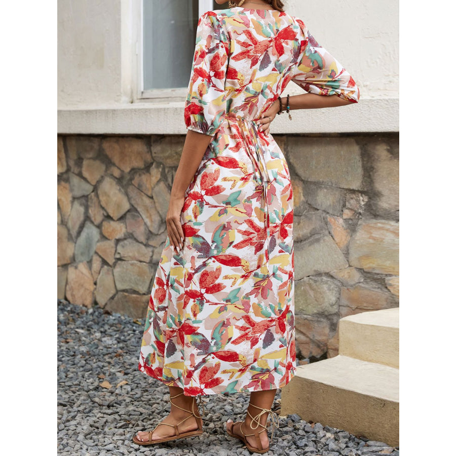 Printed V-Neck Half Sleeve Midi Dress Multicolor / S Apparel and Accessories