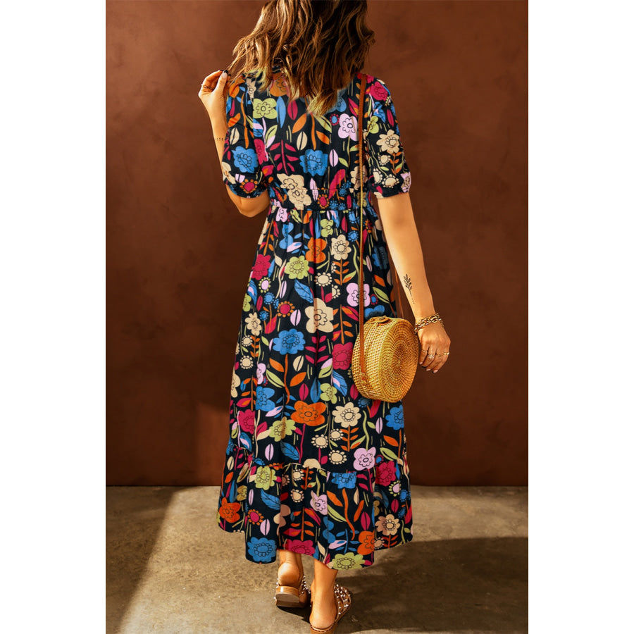 Printed V-Neck Half Sleeve Midi Dress Apparel and Accessories