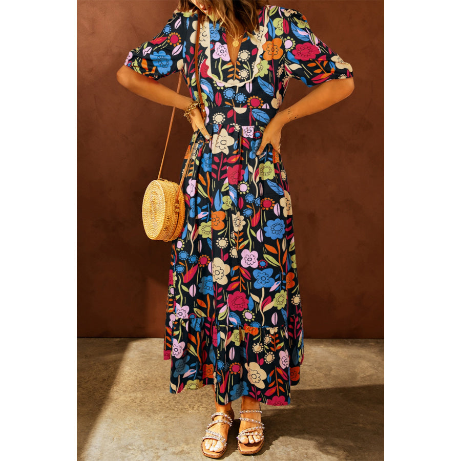 Printed V-Neck Half Sleeve Midi Dress Floral / S Apparel and Accessories