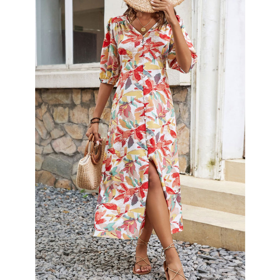 Printed V-Neck Half Sleeve Midi Dress Multicolor / S Apparel and Accessories