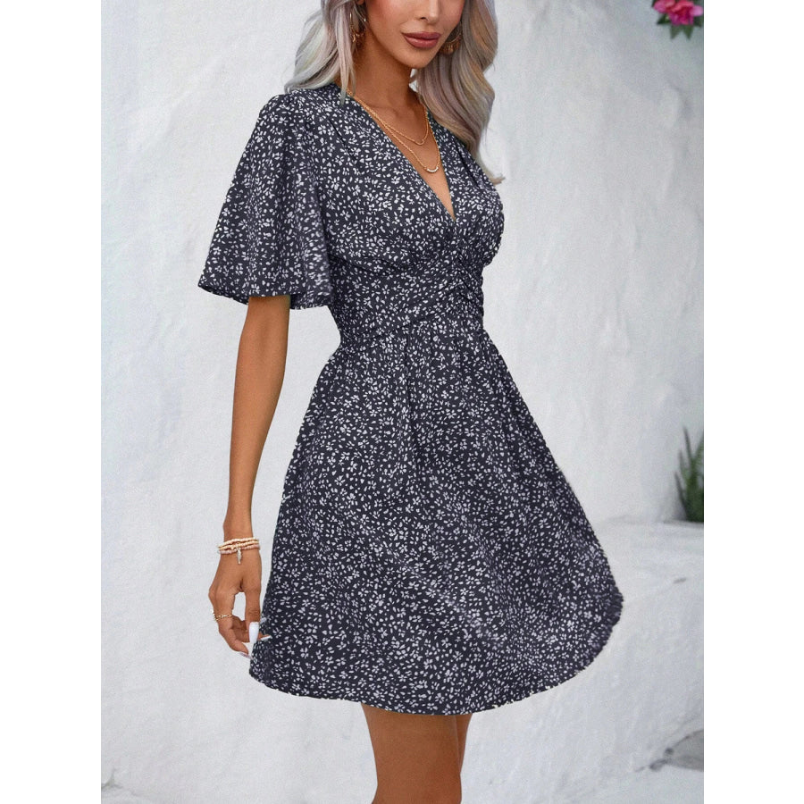 Printed V-Neck Half Sleeve Mini Dress Apparel and Accessories