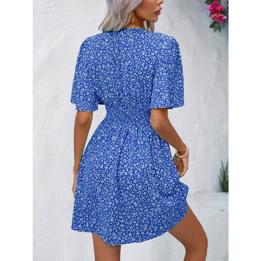 Printed V-Neck Half Sleeve Mini Dress Apparel and Accessories