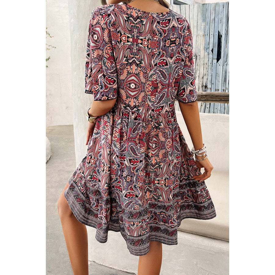 Printed V - Neck Half Sleeve Mini Dress Magenta / S Apparel and Accessories