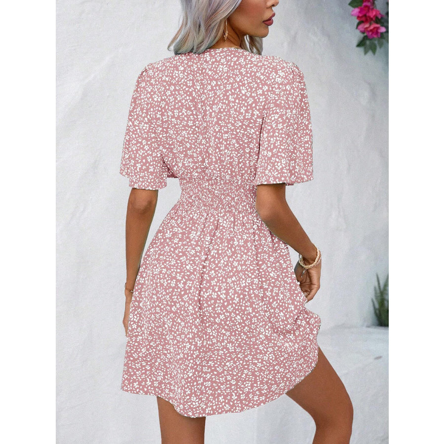 Printed V-Neck Half Sleeve Mini Dress Apparel and Accessories