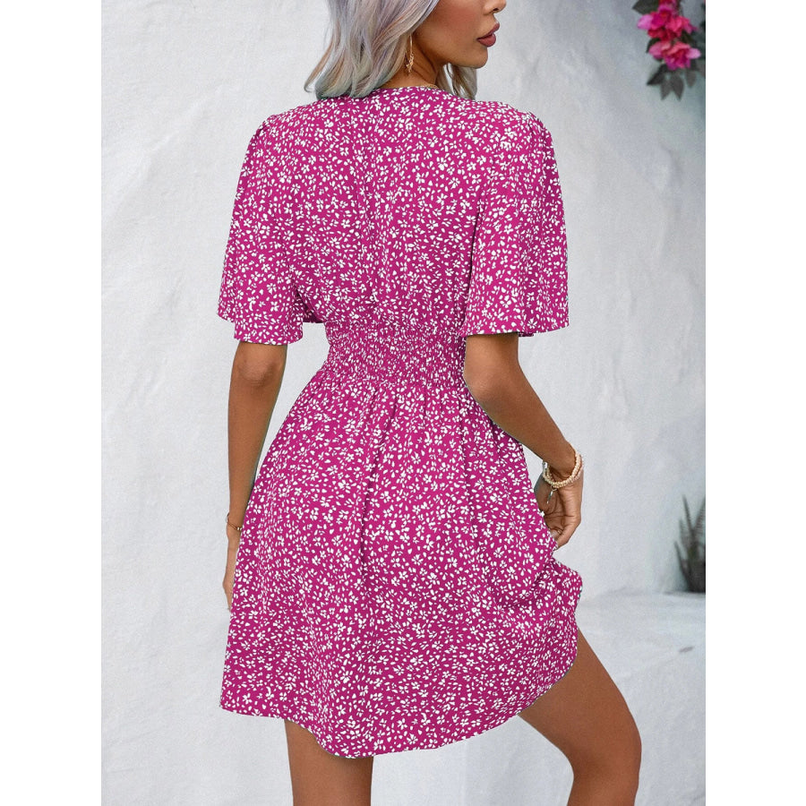 Printed V-Neck Half Sleeve Mini Dress Apparel and Accessories