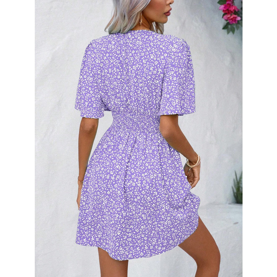 Printed V-Neck Half Sleeve Mini Dress Apparel and Accessories