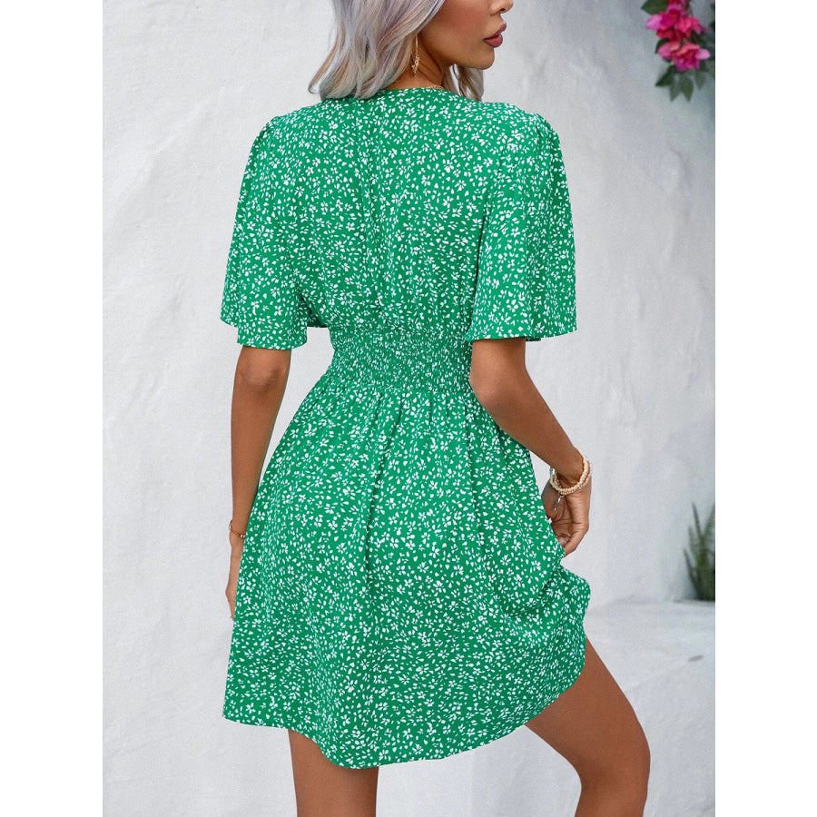 Printed V-Neck Half Sleeve Mini Dress Apparel and Accessories