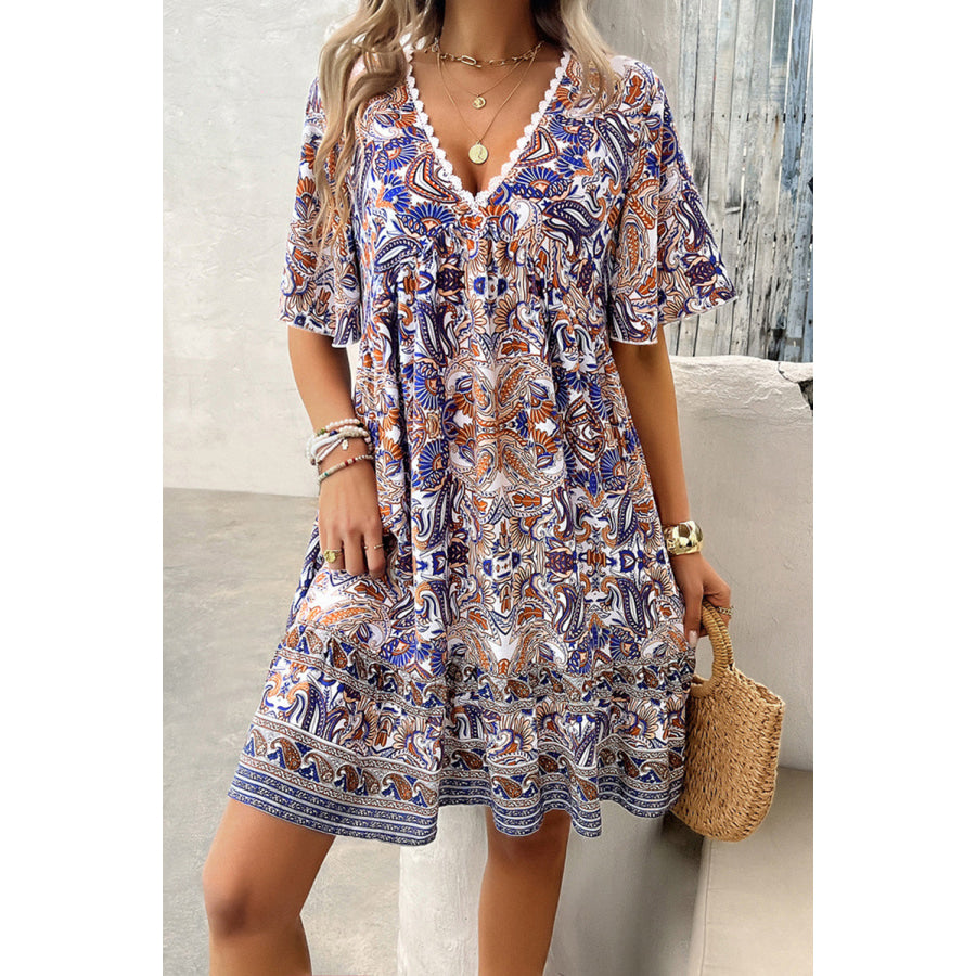 Printed V - Neck Half Sleeve Mini Dress Apparel and Accessories