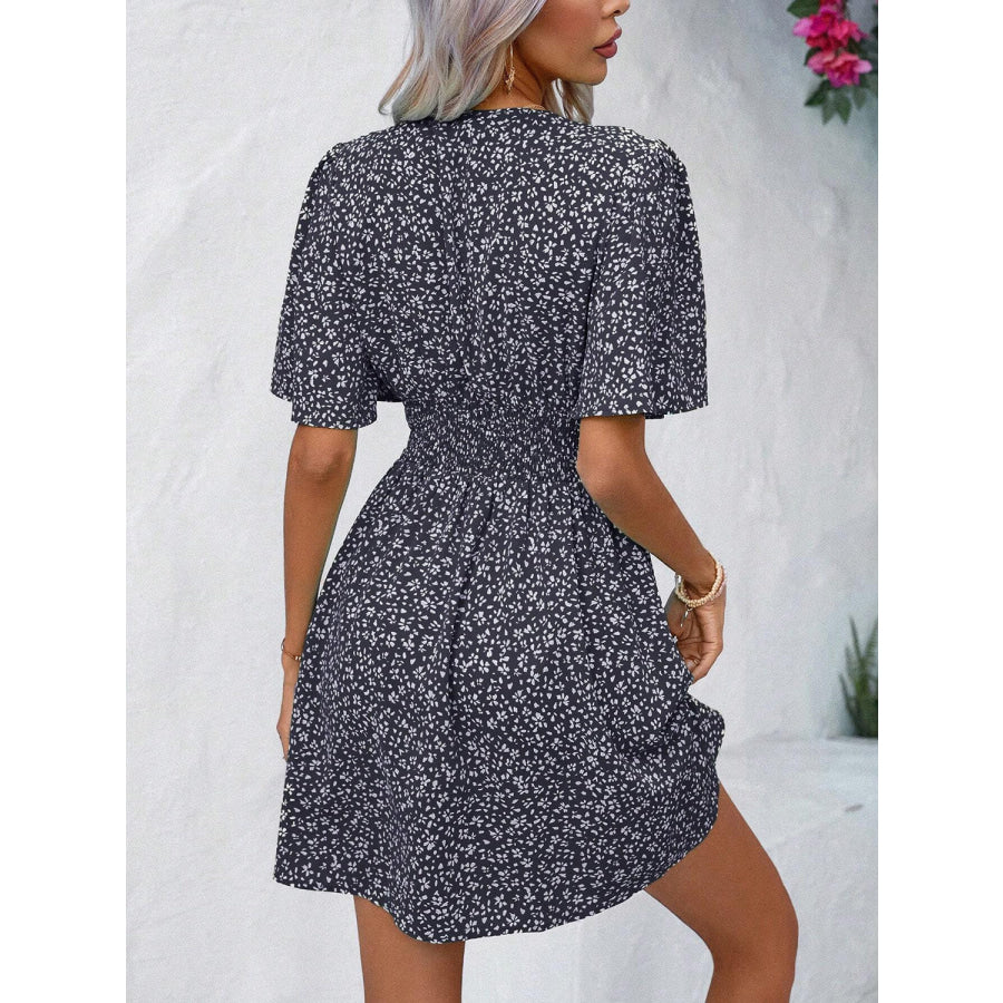 Printed V-Neck Half Sleeve Mini Dress Black / S Apparel and Accessories