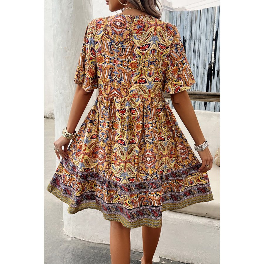 Printed V - Neck Half Sleeve Mini Dress Apparel and Accessories