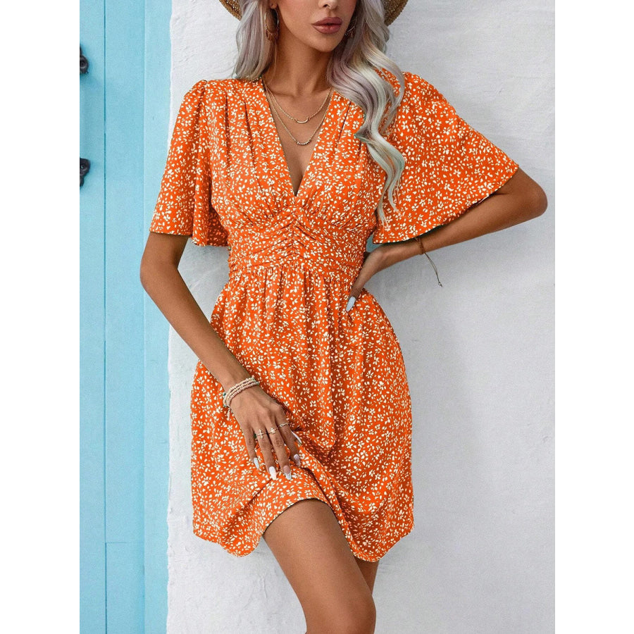 Printed V-Neck Half Sleeve Mini Dress Apparel and Accessories