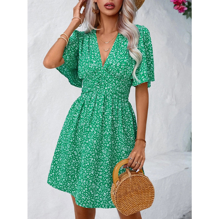 Printed V-Neck Half Sleeve Mini Dress Apparel and Accessories