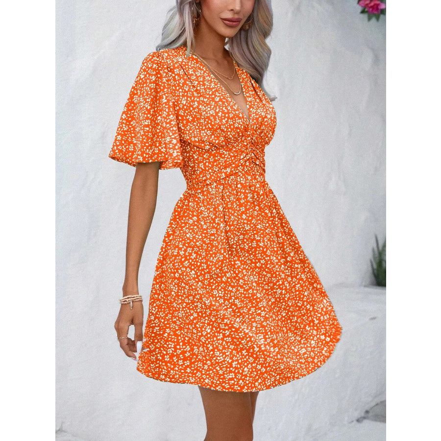 Printed V-Neck Half Sleeve Mini Dress Apparel and Accessories