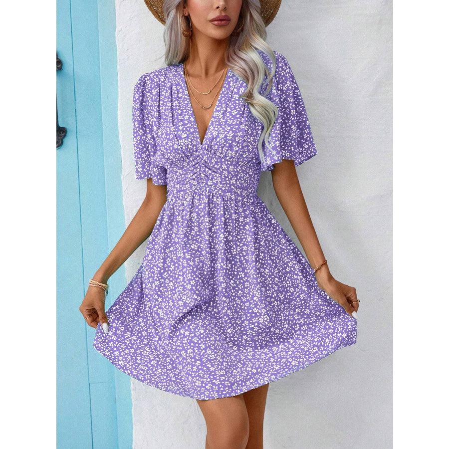 Printed V-Neck Half Sleeve Mini Dress Apparel and Accessories