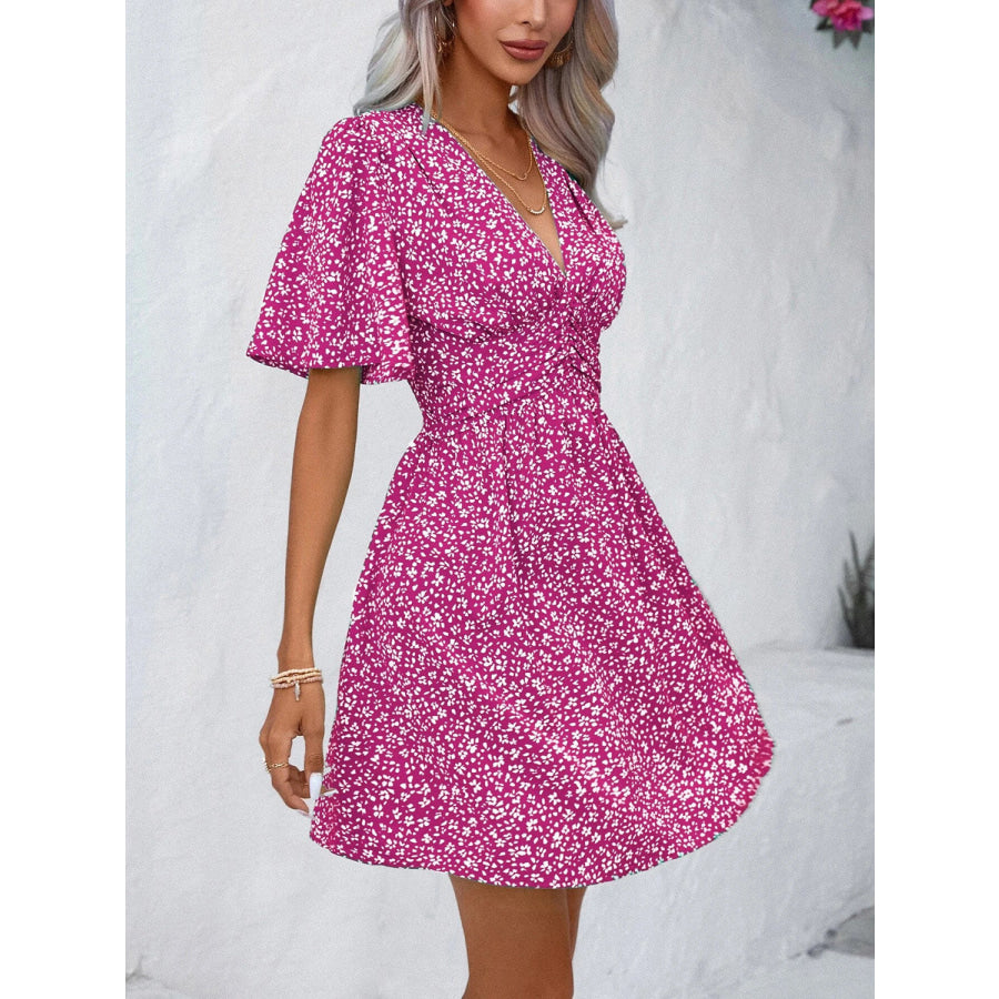 Printed V-Neck Half Sleeve Mini Dress Apparel and Accessories