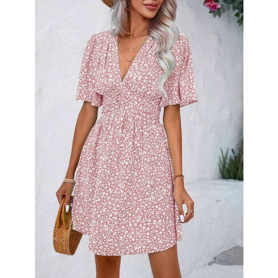 Printed V-Neck Half Sleeve Mini Dress Apparel and Accessories