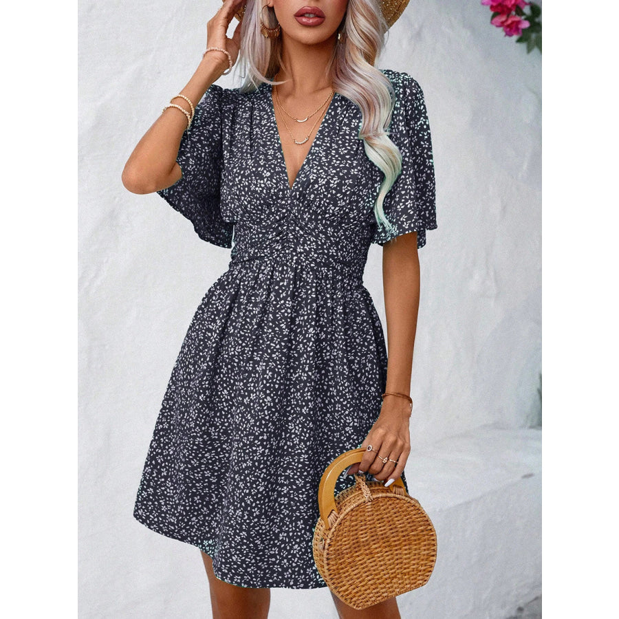 Printed V-Neck Half Sleeve Mini Dress Black / S Apparel and Accessories