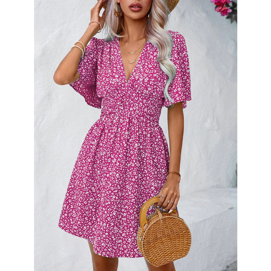 Printed V-Neck Half Sleeve Mini Dress Deep Rose / S Apparel and Accessories