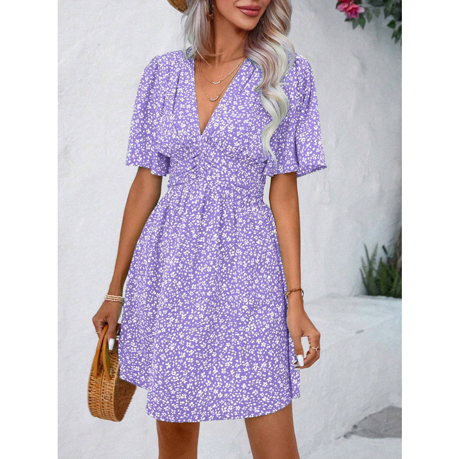 Printed V-Neck Half Sleeve Mini Dress Lavender / S Apparel and Accessories