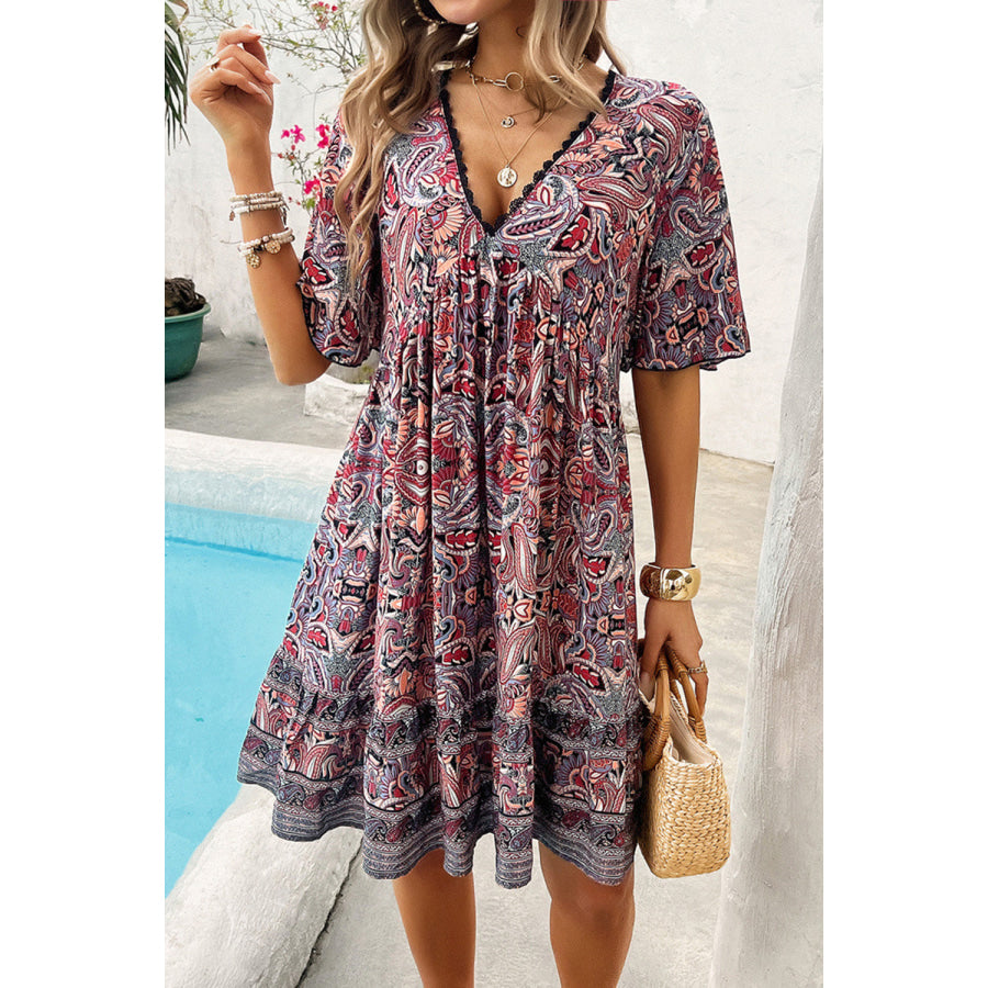 Printed V - Neck Half Sleeve Mini Dress Magenta / S Apparel and Accessories