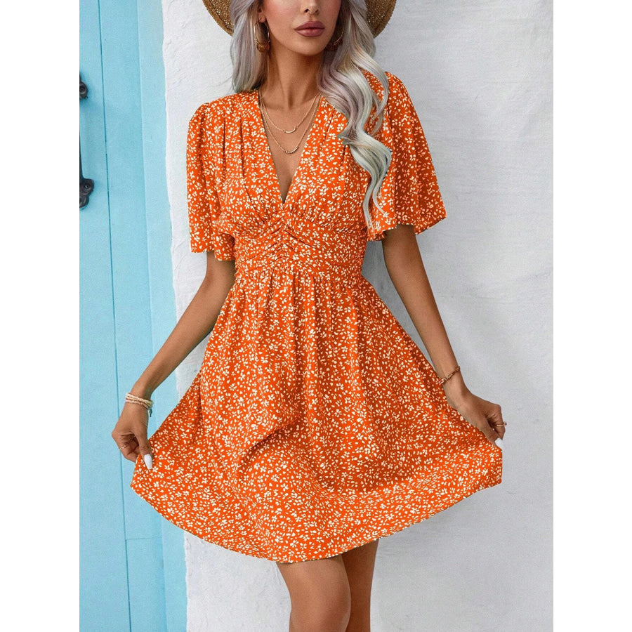 Printed V-Neck Half Sleeve Mini Dress Orange / S Apparel and Accessories