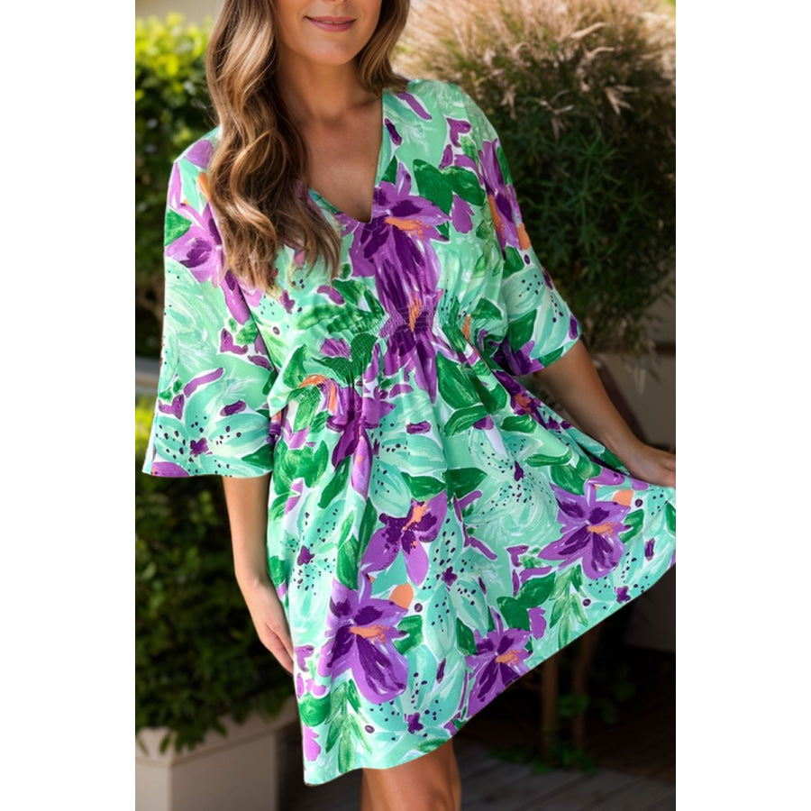 Printed V-Neck Half Sleeve Mini Dress Turquoise / S Apparel and Accessories