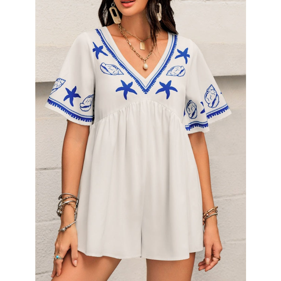 Printed V-Neck Half Sleeve Romper Apparel and Accessories