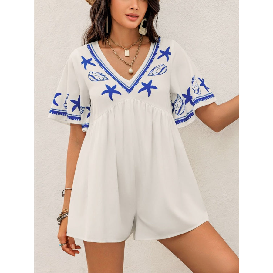 Printed V-Neck Half Sleeve Romper Apparel and Accessories