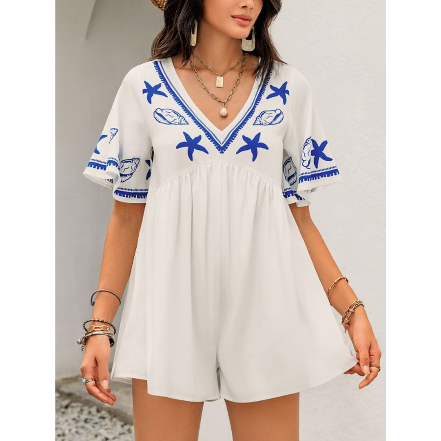 Printed V-Neck Half Sleeve Romper Cream / S Apparel and Accessories