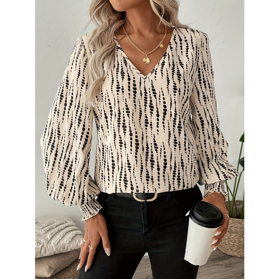 Printed V-Neck Lantern Sleeve Blouse Apparel and Accessories