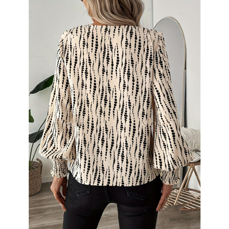 Printed V-Neck Lantern Sleeve Blouse Beige / S Apparel and Accessories