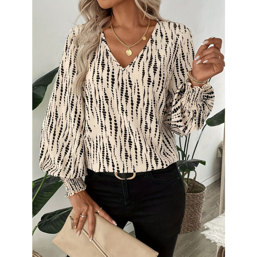 Printed V-Neck Lantern Sleeve Blouse Beige / S Apparel and Accessories