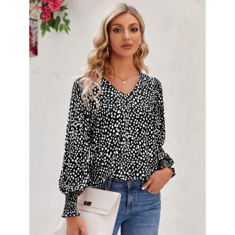 Printed V-Neck Lantern Sleeve Blouse Black / S Clothing