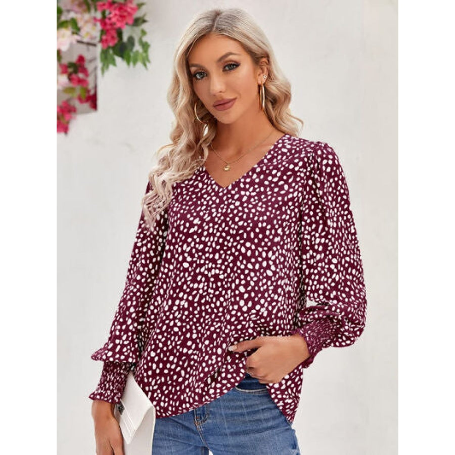 Printed V-Neck Lantern Sleeve Blouse Clothing