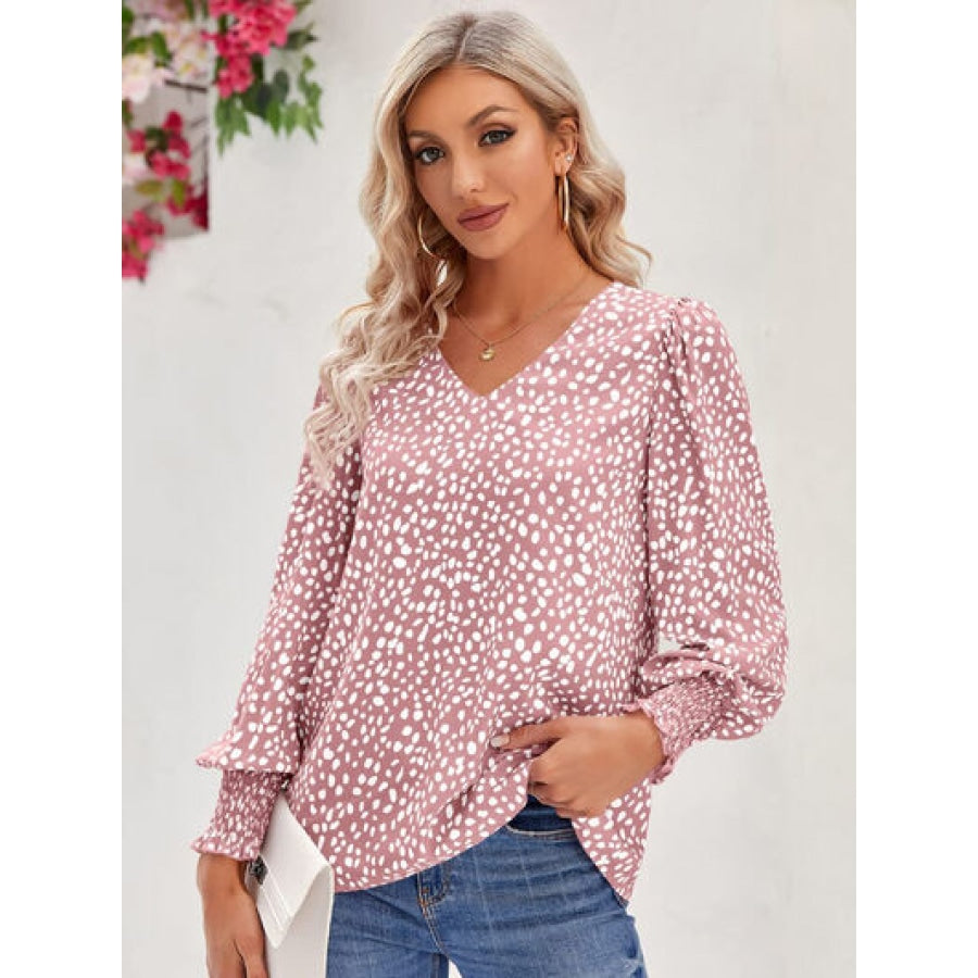 Printed V-Neck Lantern Sleeve Blouse Clothing