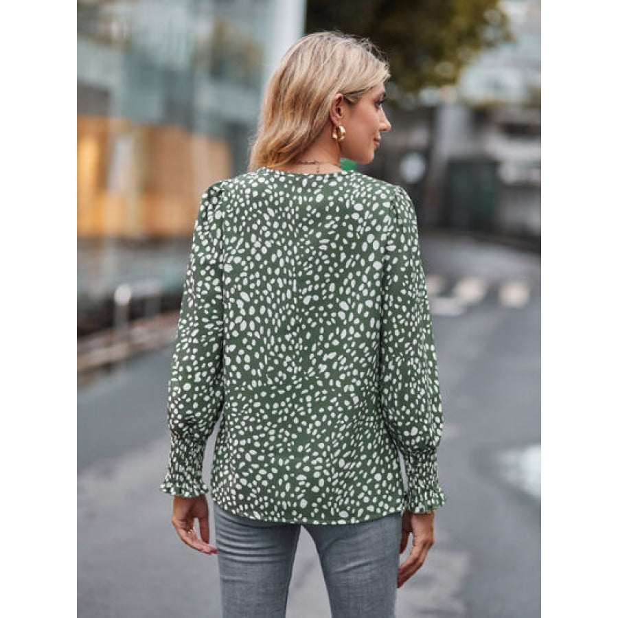 Printed V-Neck Lantern Sleeve Blouse Clothing