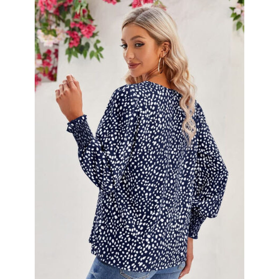 Printed V-Neck Lantern Sleeve Blouse Clothing