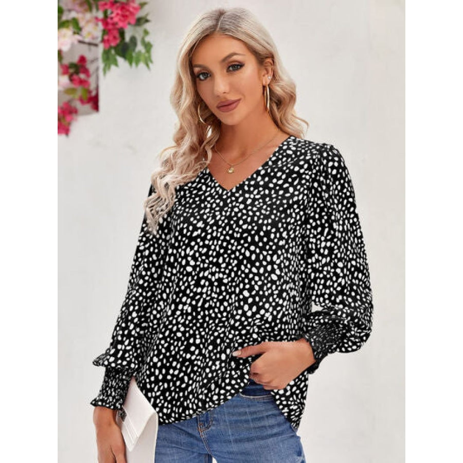 Printed V-Neck Lantern Sleeve Blouse Clothing