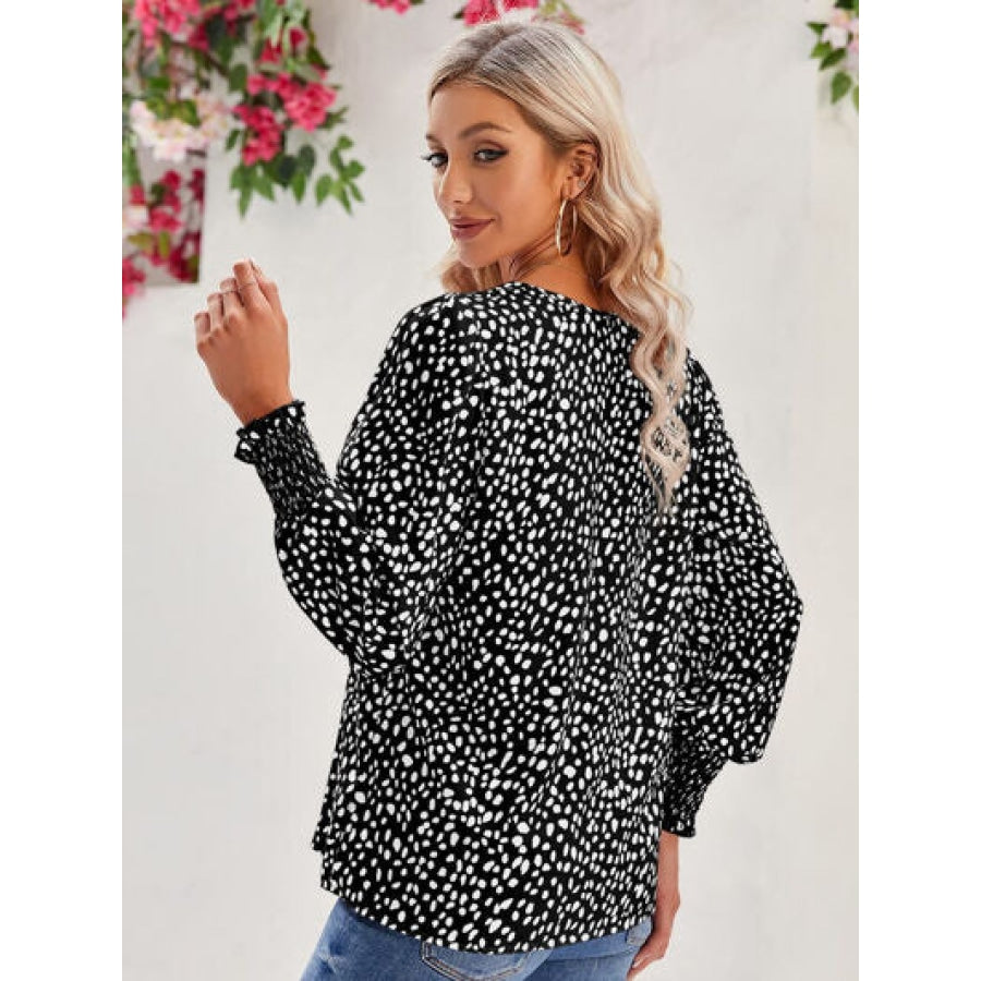 Printed V-Neck Lantern Sleeve Blouse Clothing