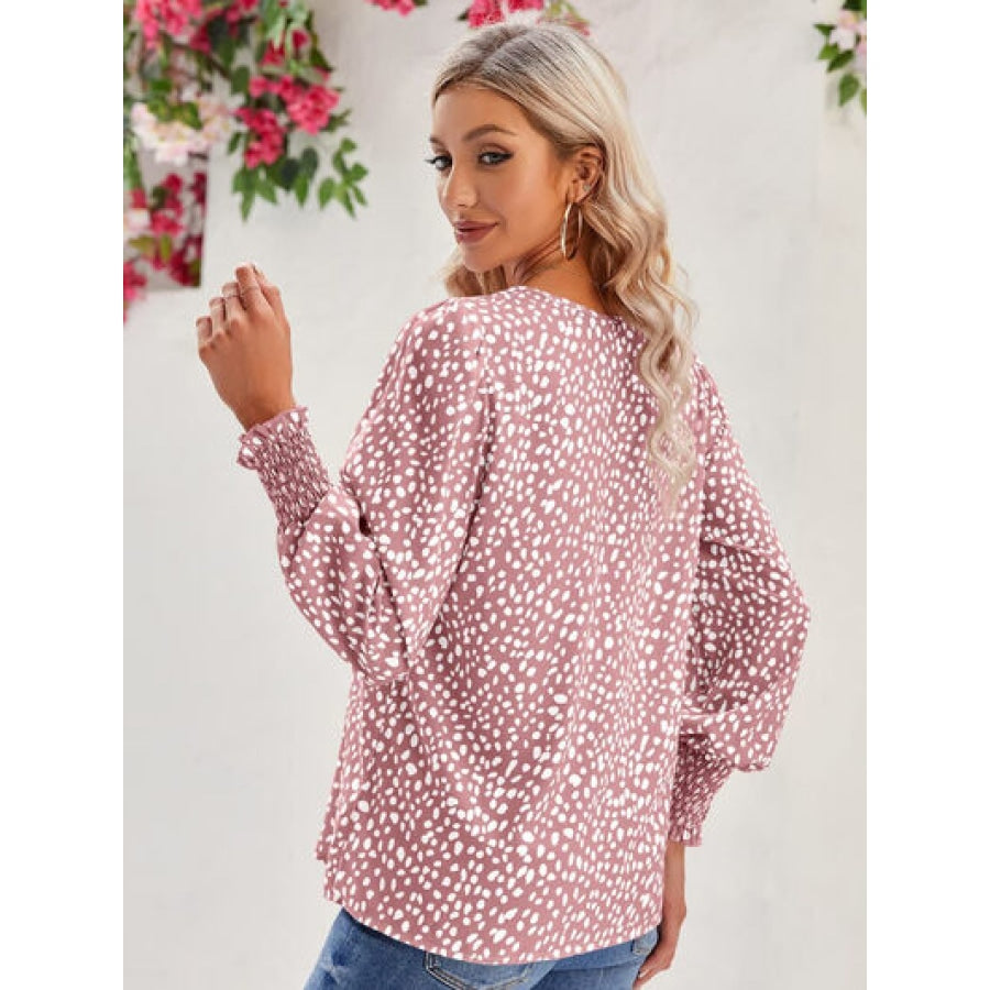 Printed V-Neck Lantern Sleeve Blouse Clothing