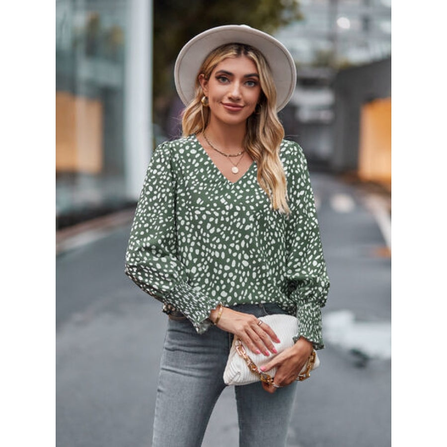 Printed V-Neck Lantern Sleeve Blouse Clothing