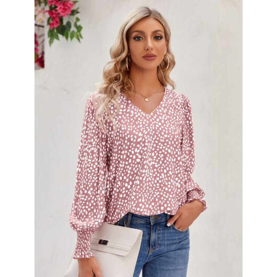 Printed V-Neck Lantern Sleeve Blouse Dusty Pink / S Clothing