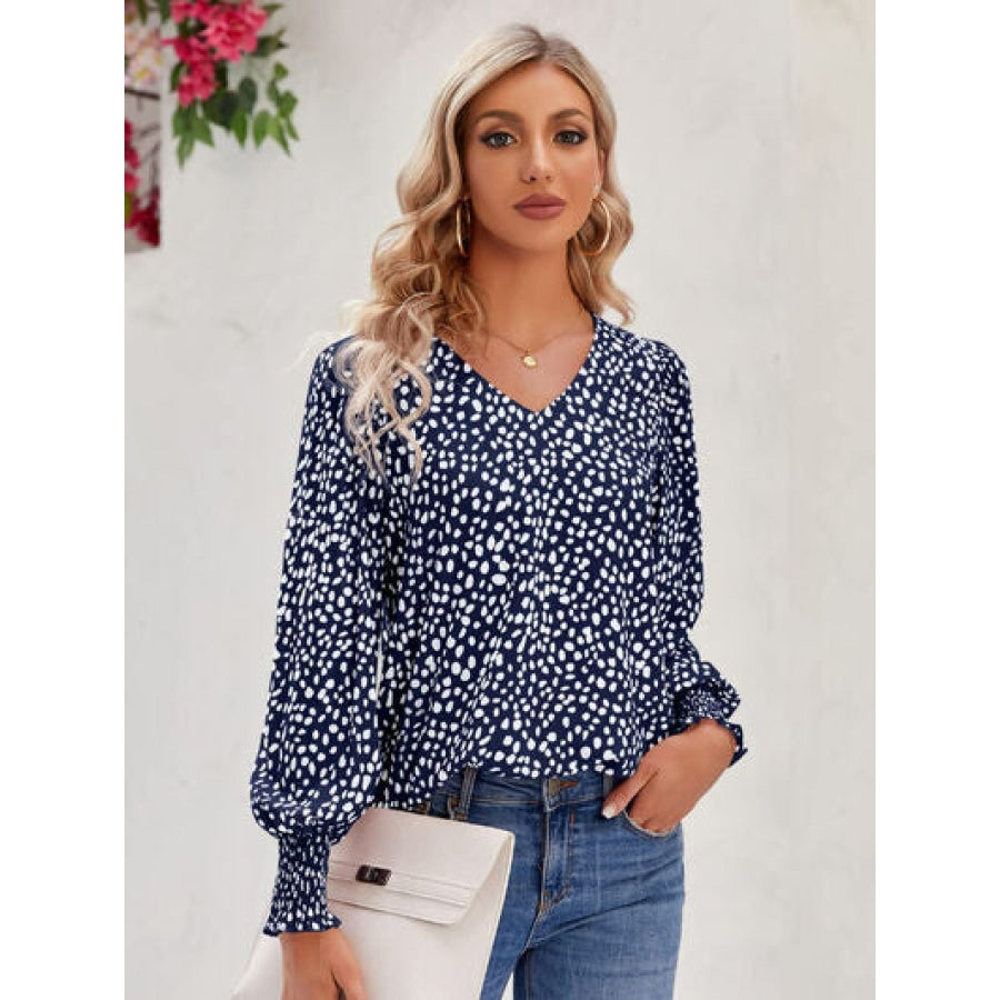 Printed V-Neck Lantern Sleeve Blouse Navy / S Clothing