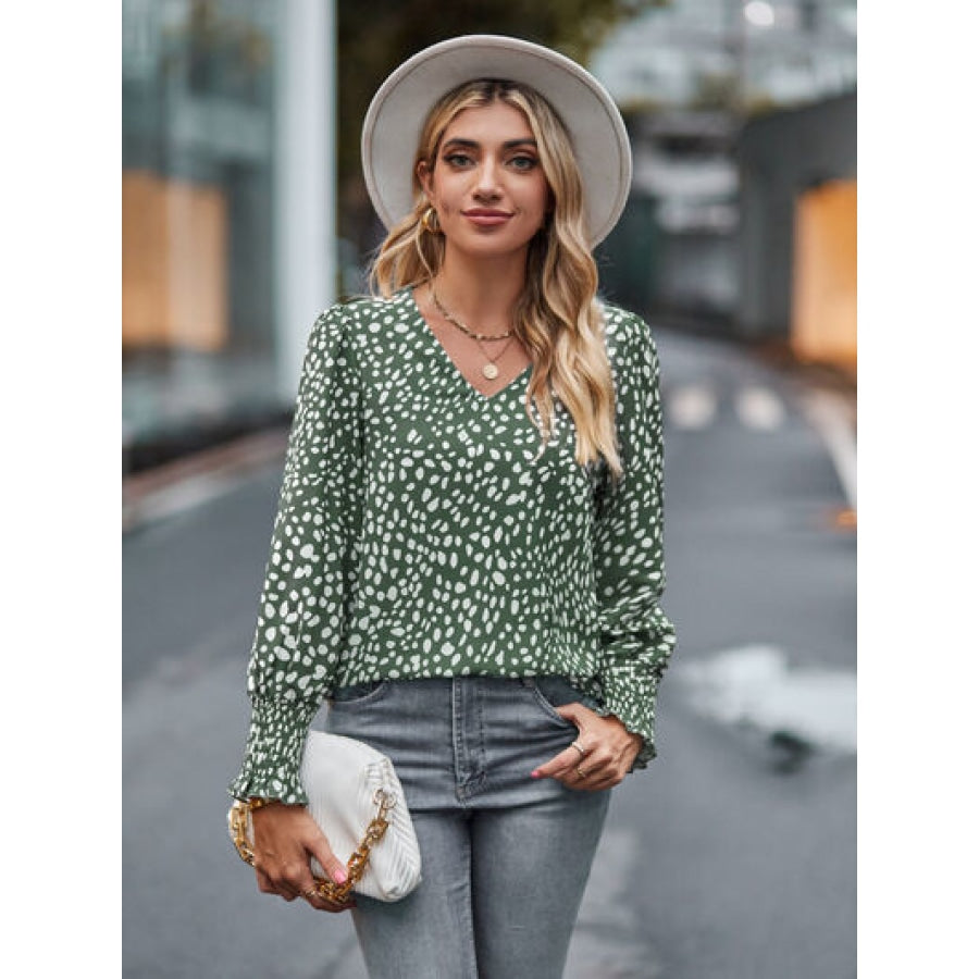 Printed V-Neck Lantern Sleeve Blouse Sage / S Clothing