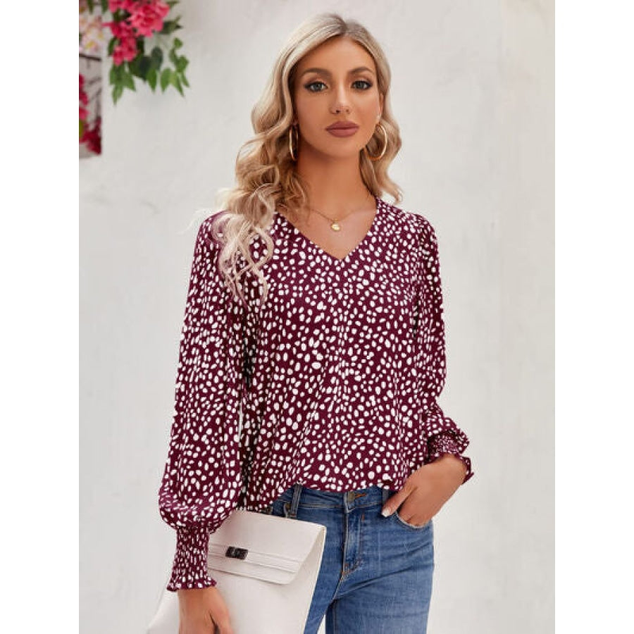 Printed V-Neck Lantern Sleeve Blouse Wine / S Clothing