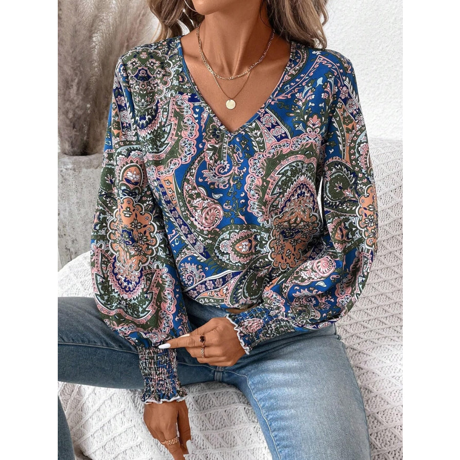 Printed V-Neck Lantern Sleeve Top Apparel and Accessories