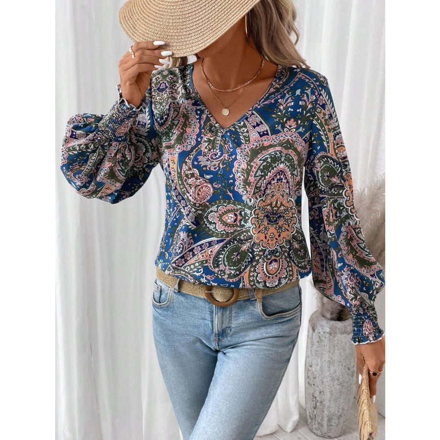 Printed V-Neck Lantern Sleeve Top Apparel and Accessories