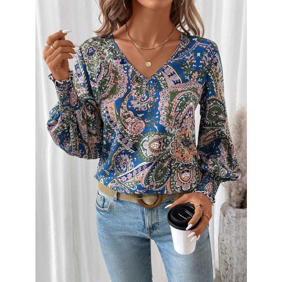 Printed V-Neck Lantern Sleeve Top Apparel and Accessories