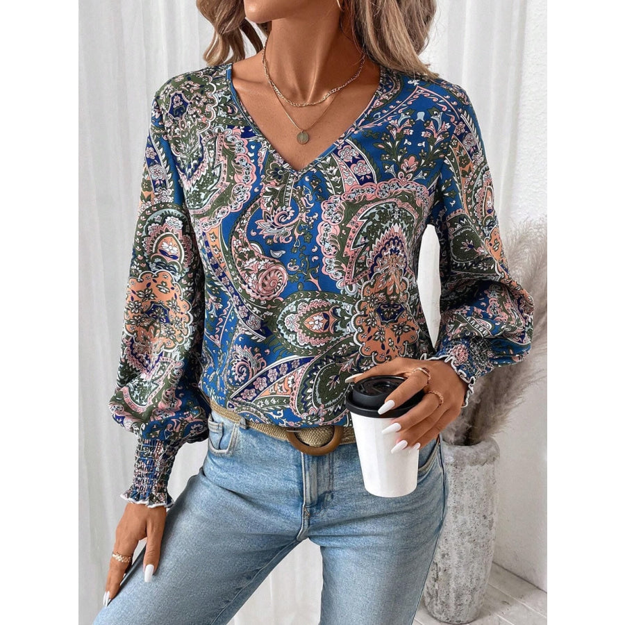 Printed V-Neck Lantern Sleeve Top Apparel and Accessories