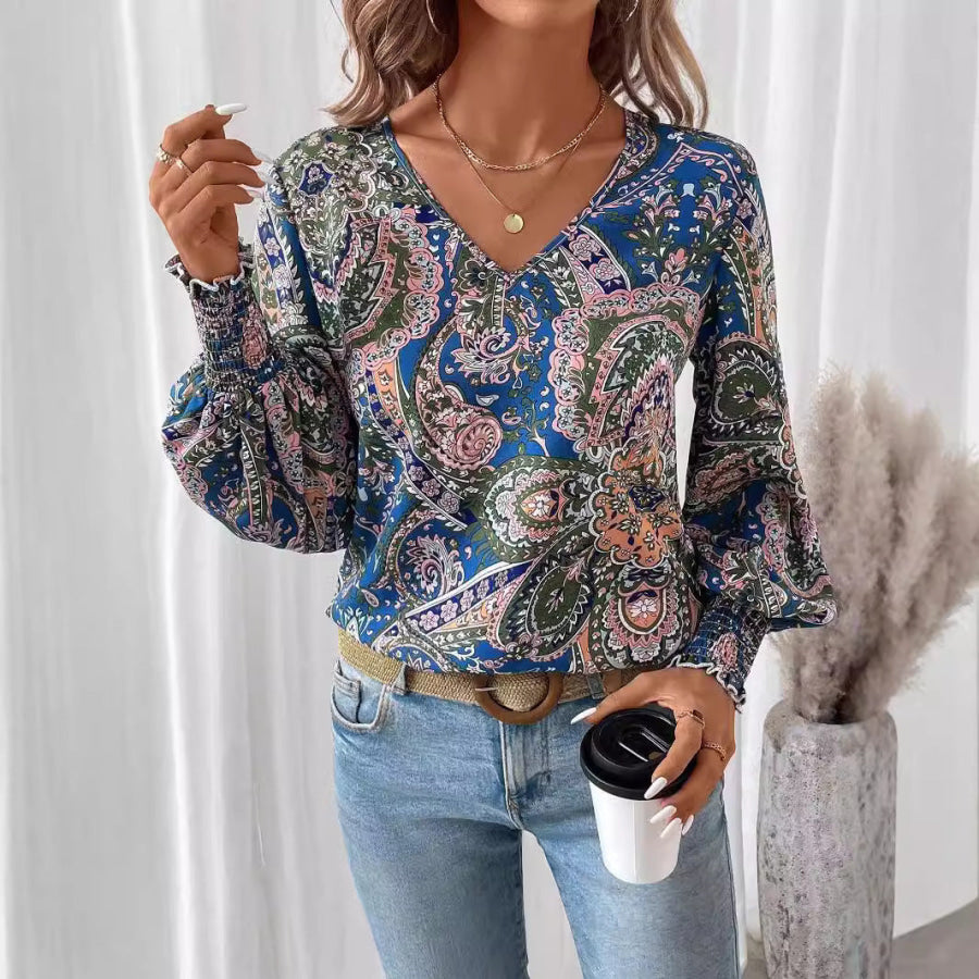 Printed V-Neck Lantern Sleeve Top Apparel and Accessories